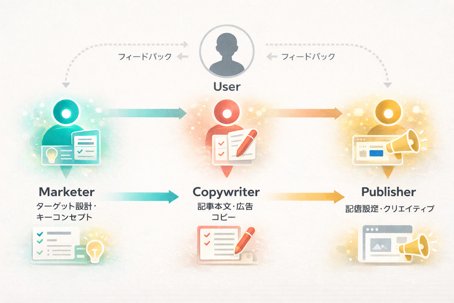 Marketer・Copywriter・Publisherのエージェント連携フロー